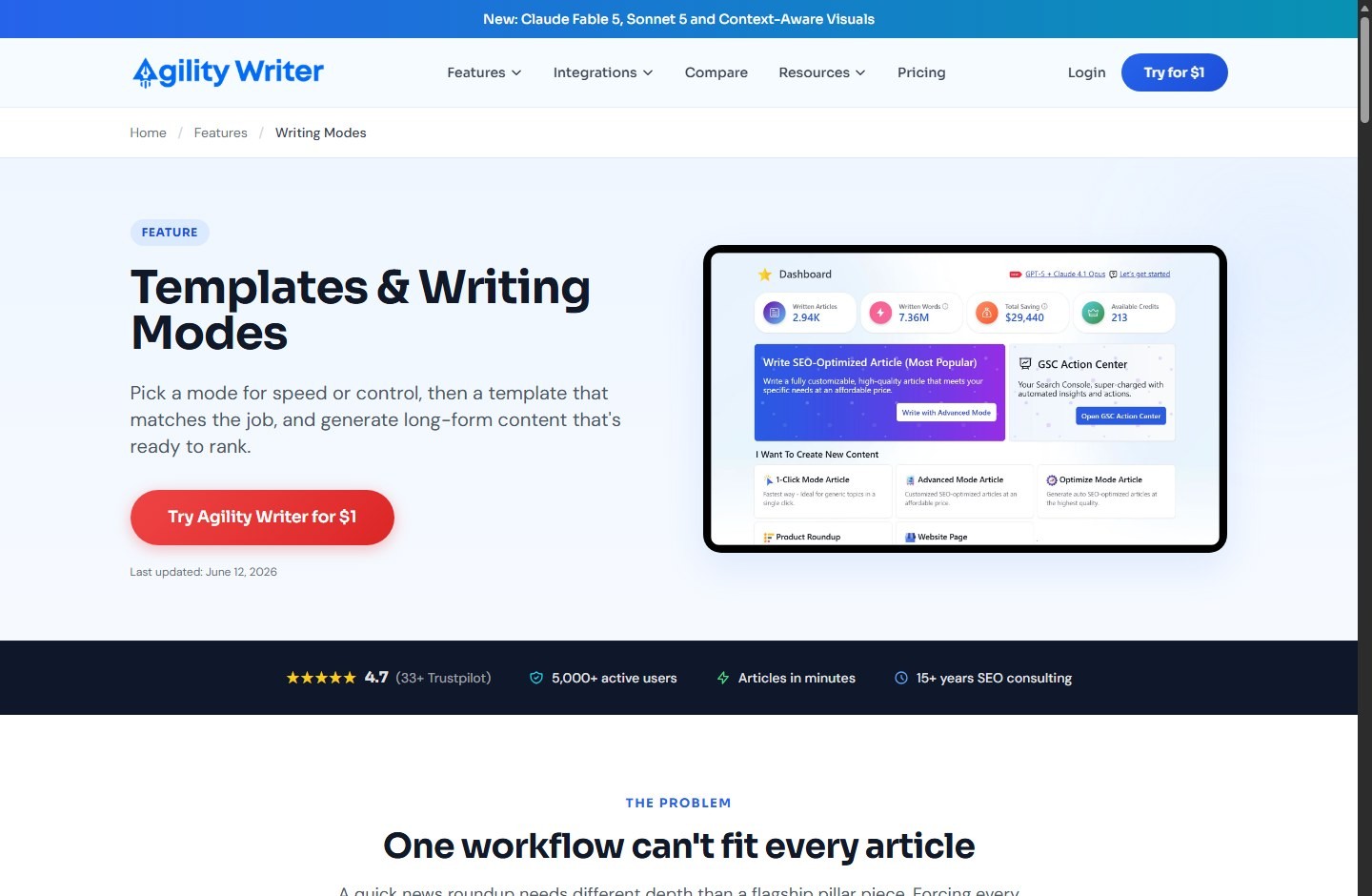 Agility Writer writing modes expose article-level and section-level controls
