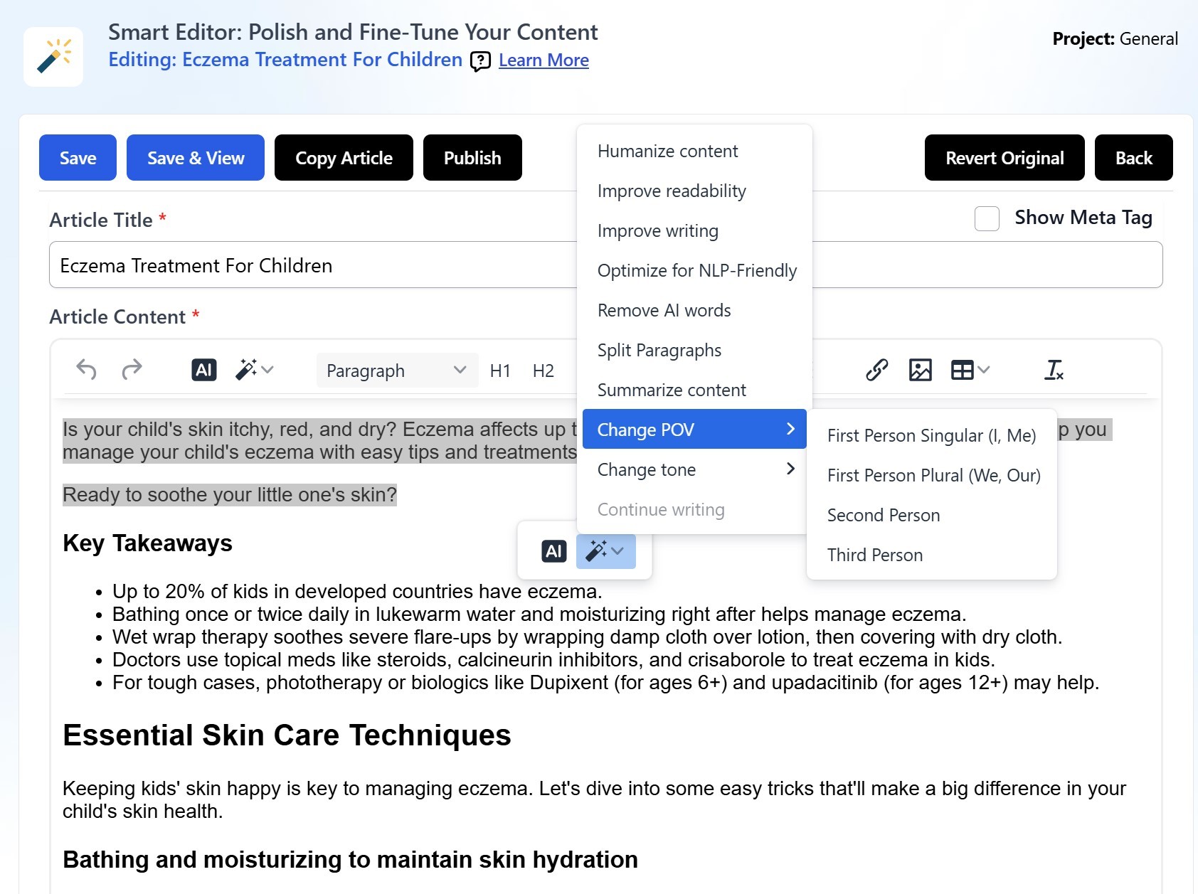 Agility Writer Smart Editor with tone readability and schema controls