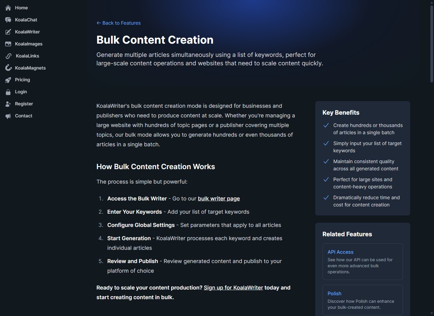 Koala AI bulk content creation workflow