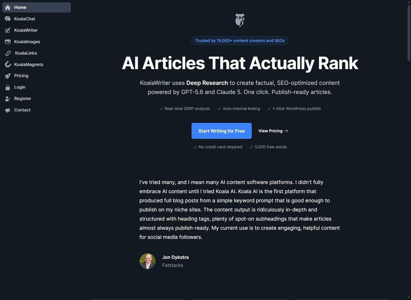 Koala AI homepage for AI article generation