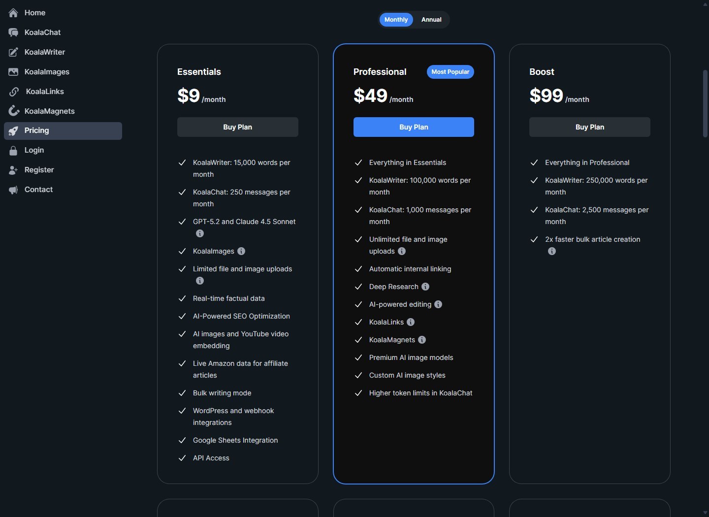 Koala AI monthly pricing and plan limits