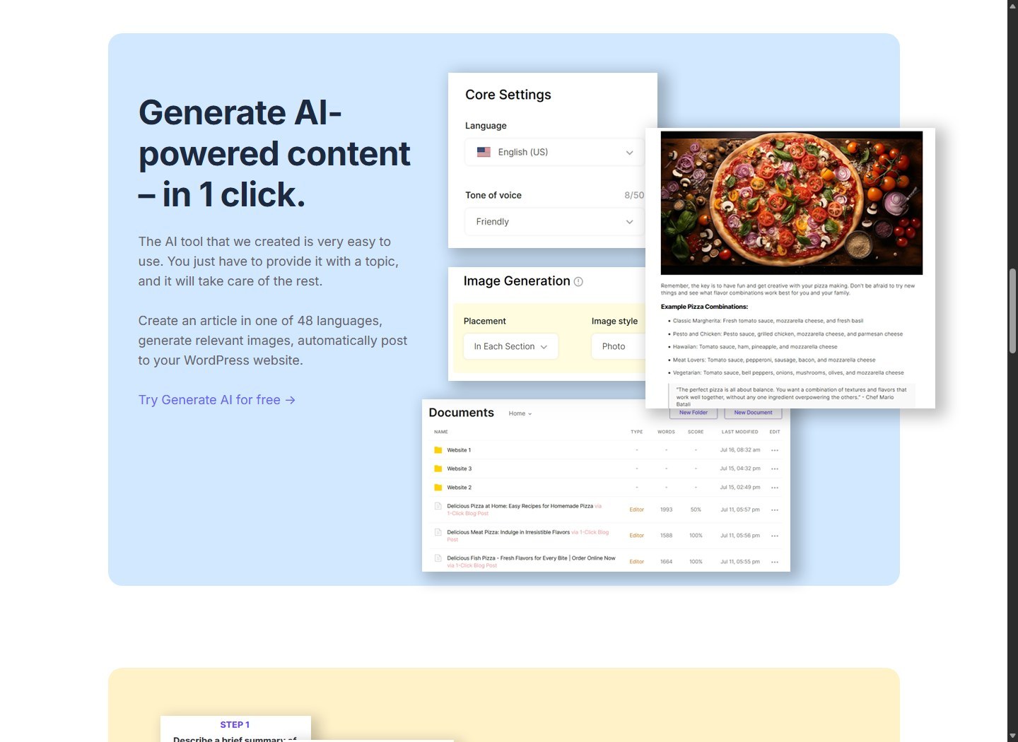 SEOWriting.ai one-click content generation workflow