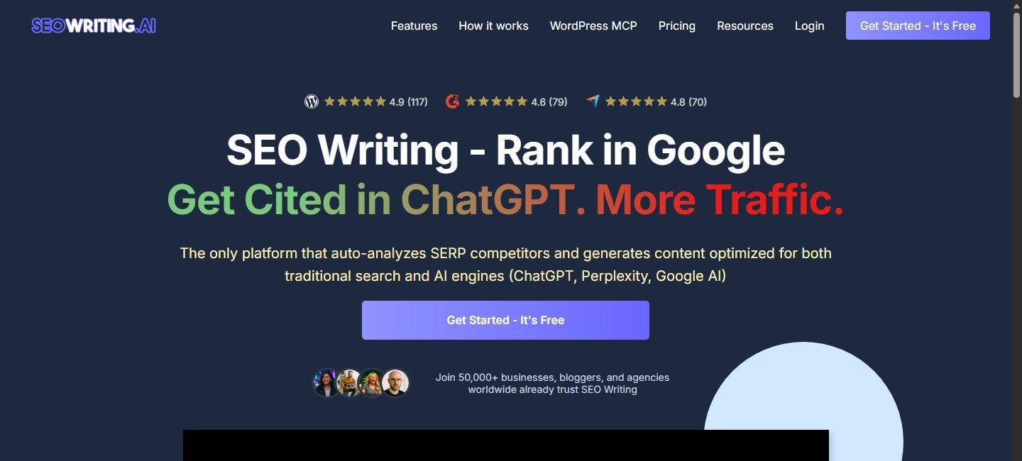 SEOWriting.ai homepage for SEO and AI-engine content