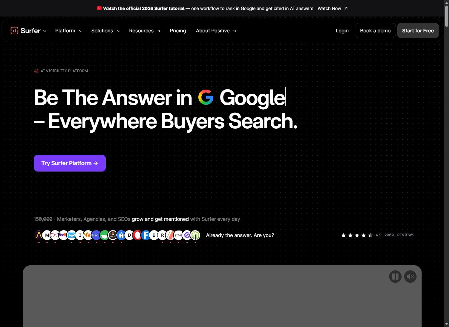 Surfer AI visibility and SEO platform homepage