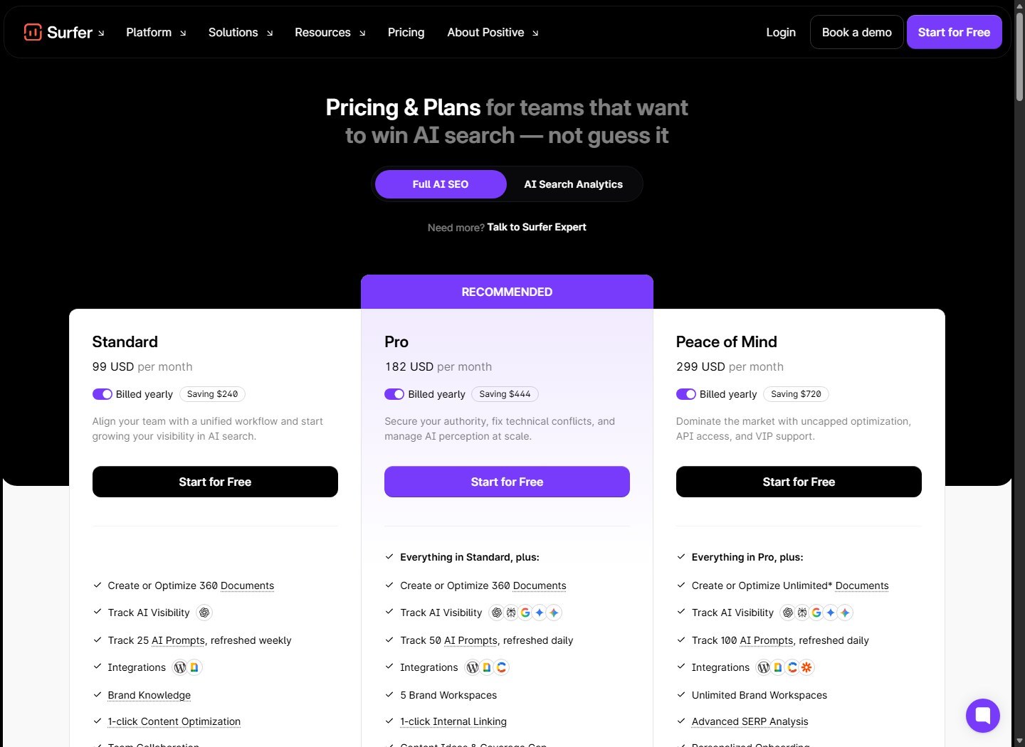 Surfer monthly pricing and plan comparison