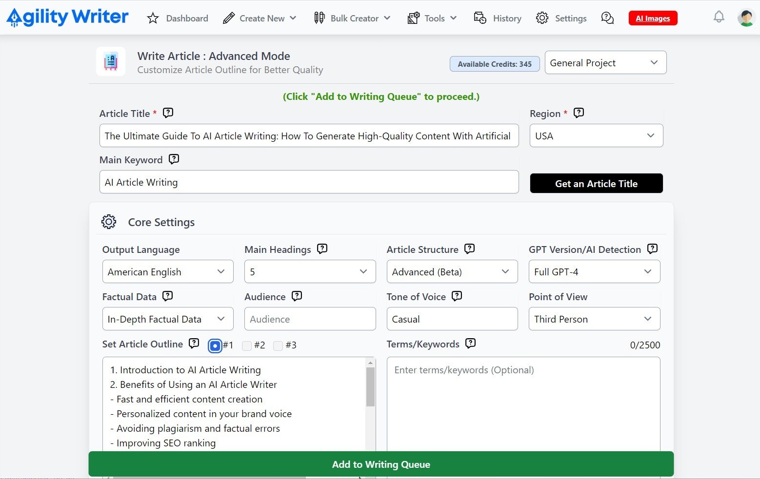 Agility Writer Advanced Mode exposes long-form outline and research controls
