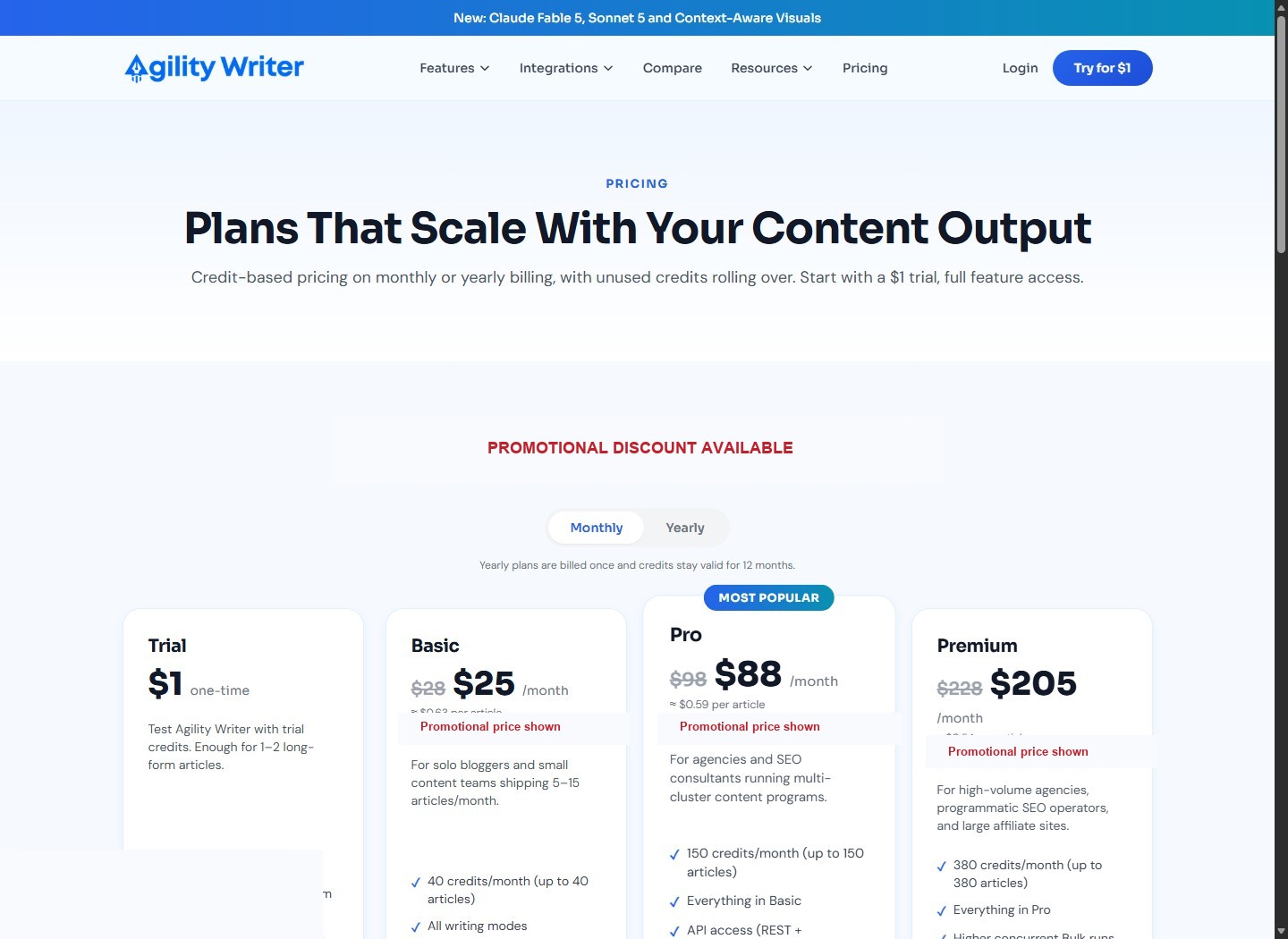 Agility Writer official pricing shows its credit-based production plans