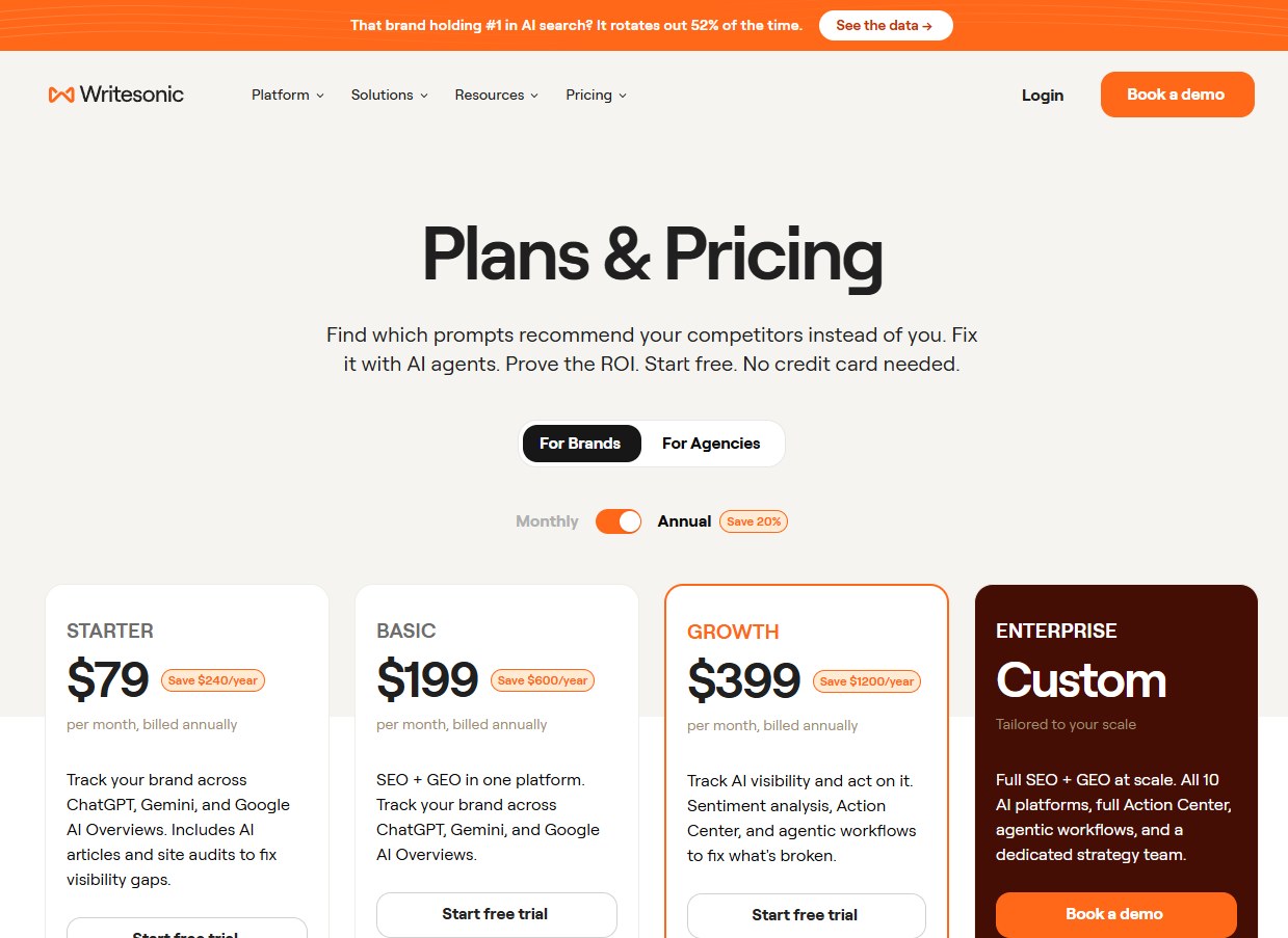 Writesonic official pricing compares AI visibility, content, and agentic workflow plans