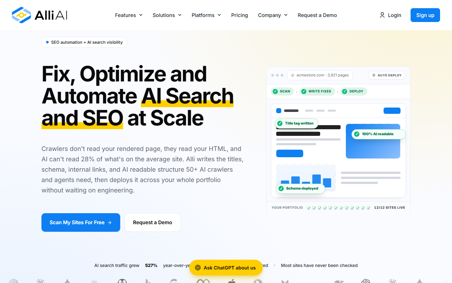 Alli AI homepage for automated on-page SEO and AI search optimization