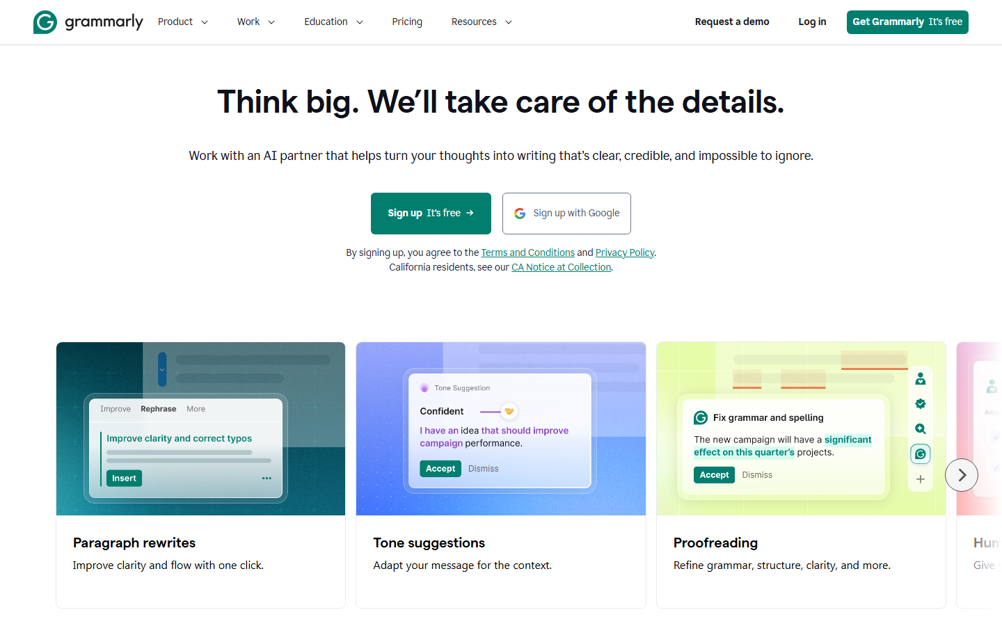 Grammarly homepage for grammar, clarity, tone, proofreading, and AI-assisted editing