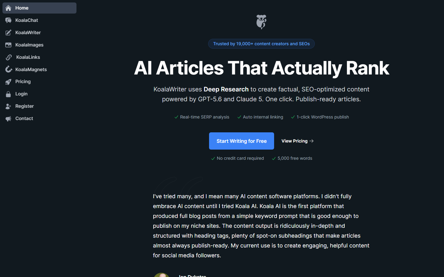 KoalaWriter homepage for research-assisted long-form SEO article production