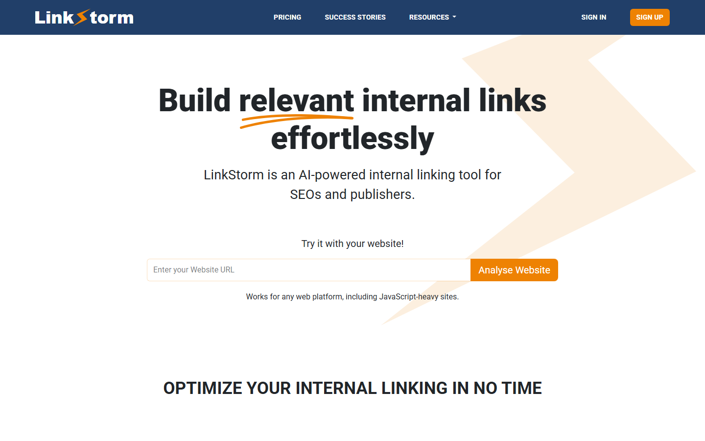 LinkStorm homepage for AI-powered internal link discovery and optimization