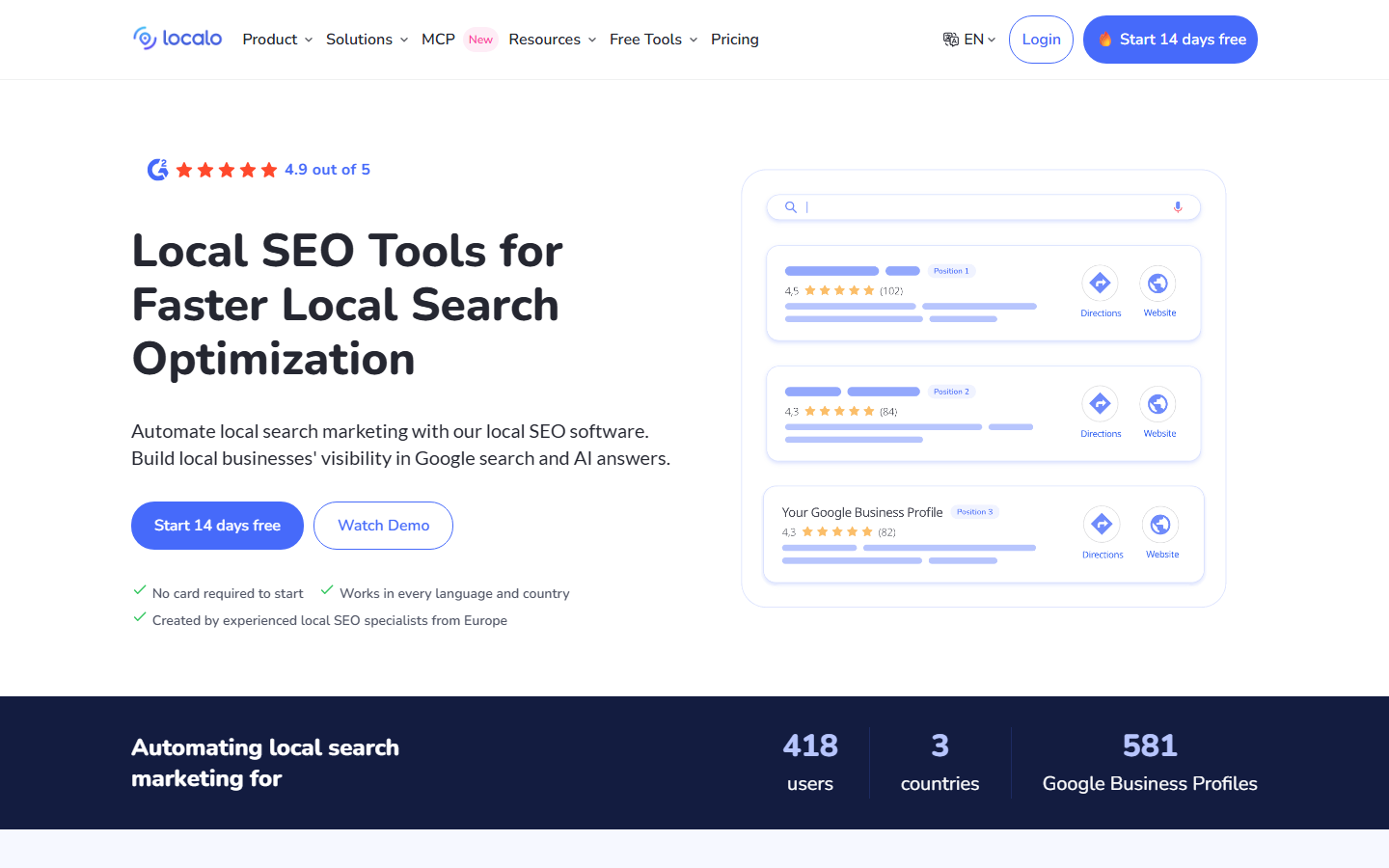 Localo homepage for local rankings, Google Business Profile tasks, reviews, and reports