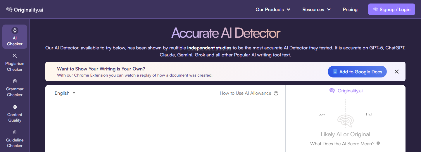 Originality.ai detector interface with plagiarism, grammar, and content quality checks