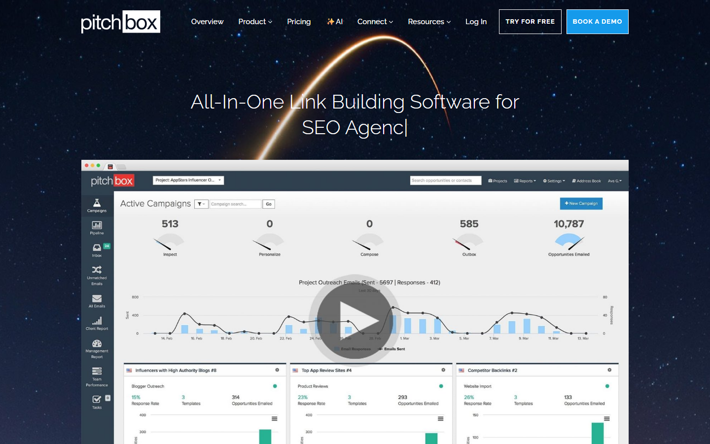 Pitchbox homepage for link prospecting, personalized outreach, follow-ups, and CRM