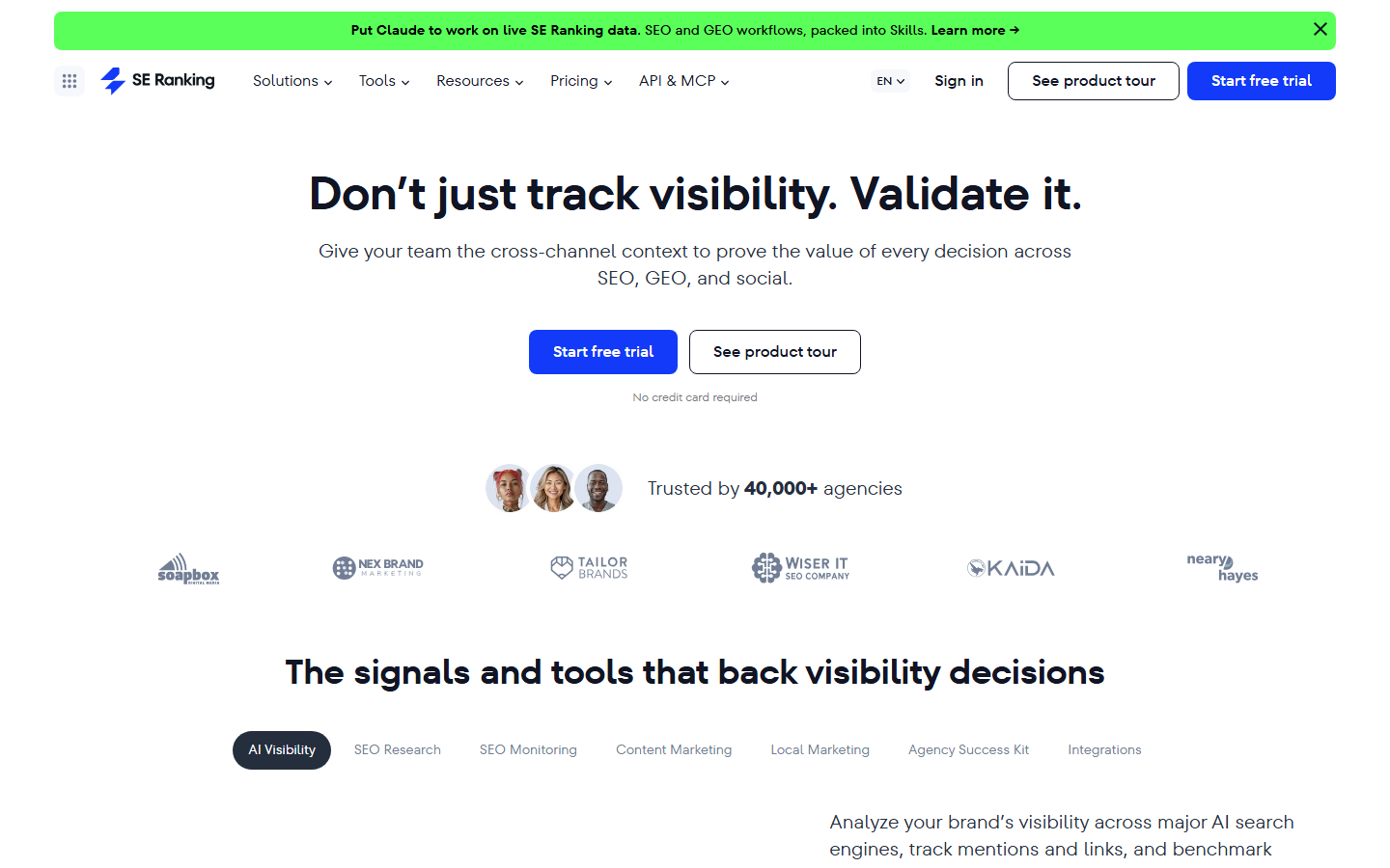 SE Ranking homepage for organic rankings, AI visibility, and agency reporting