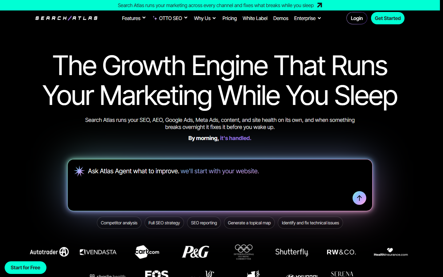 Search Atlas homepage presenting OTTO SEO, audits, content, links, and local automation