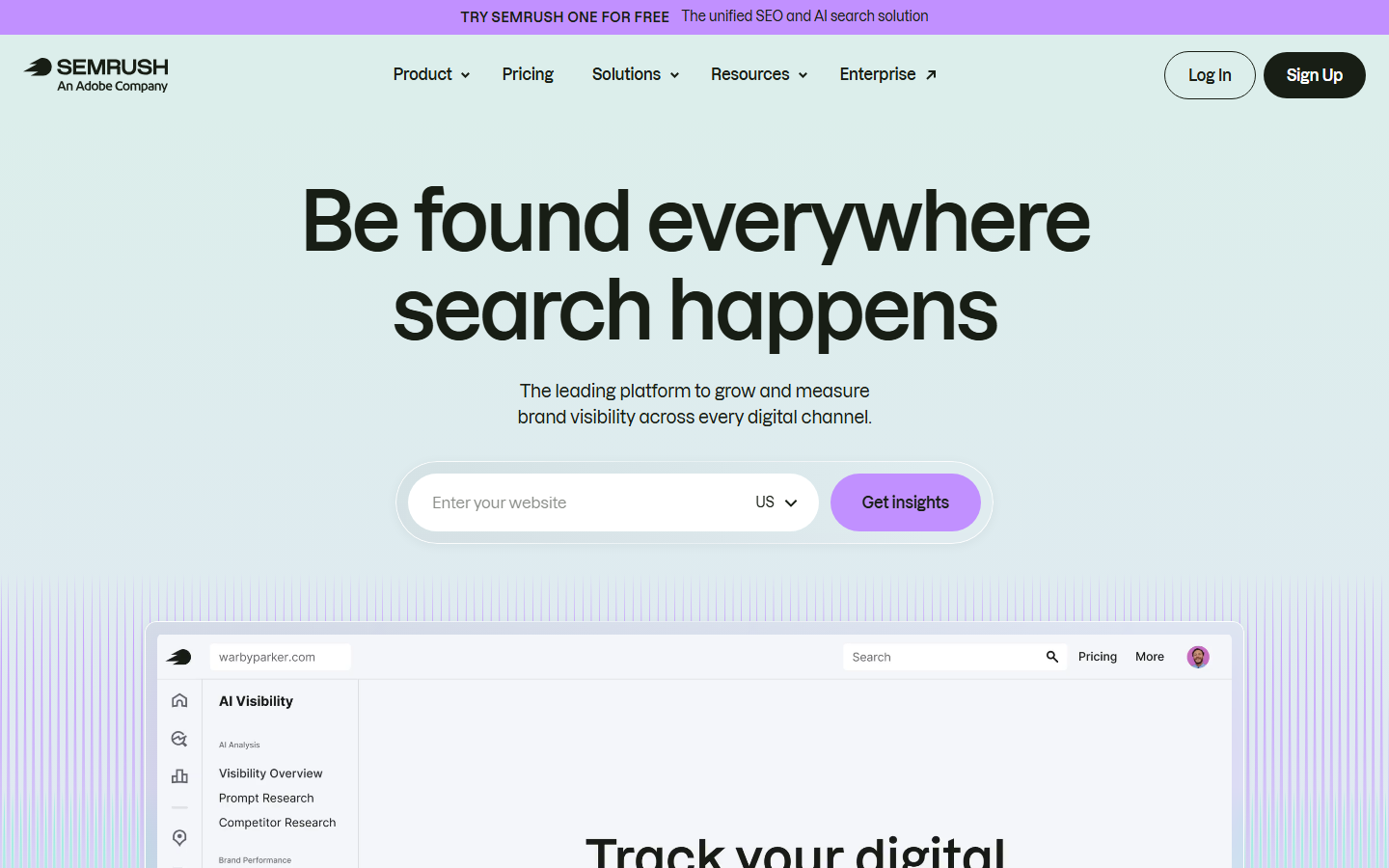 Semrush homepage presenting unified SEO and AI search visibility