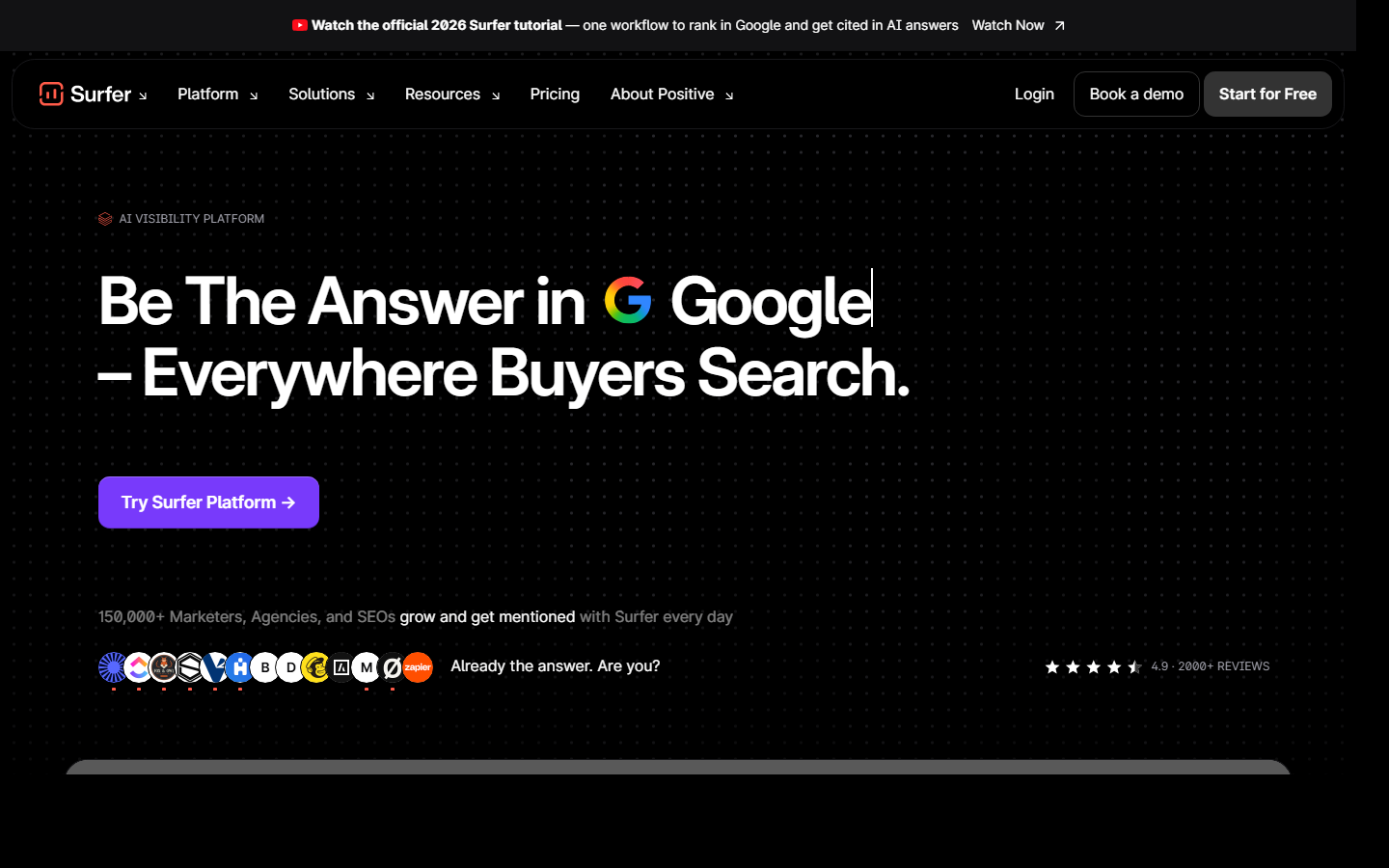 Surfer homepage for optimizing content across Google and AI search