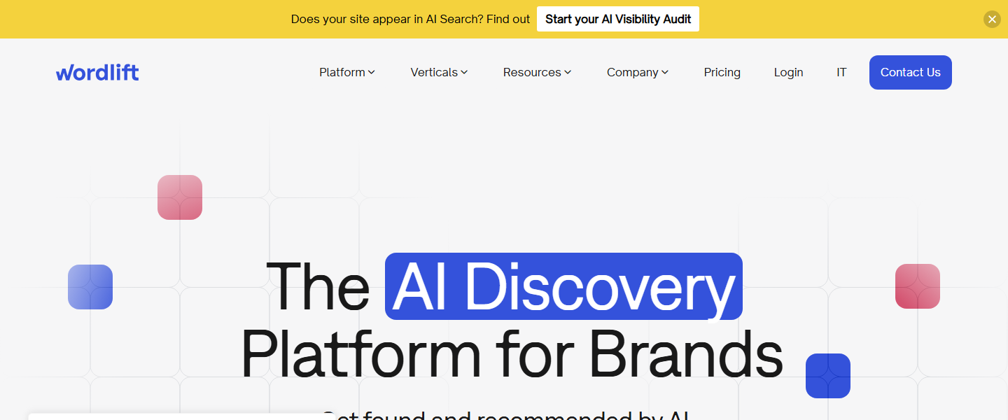WordLift homepage presenting AI Discovery, entities, knowledge graphs, and structured data