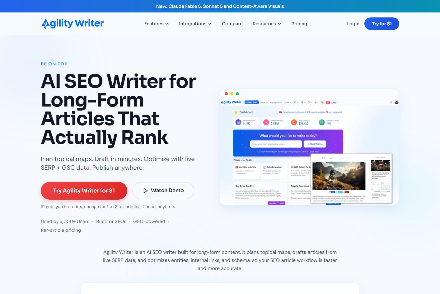 Agility Writer long-form AI SEO writer homepage