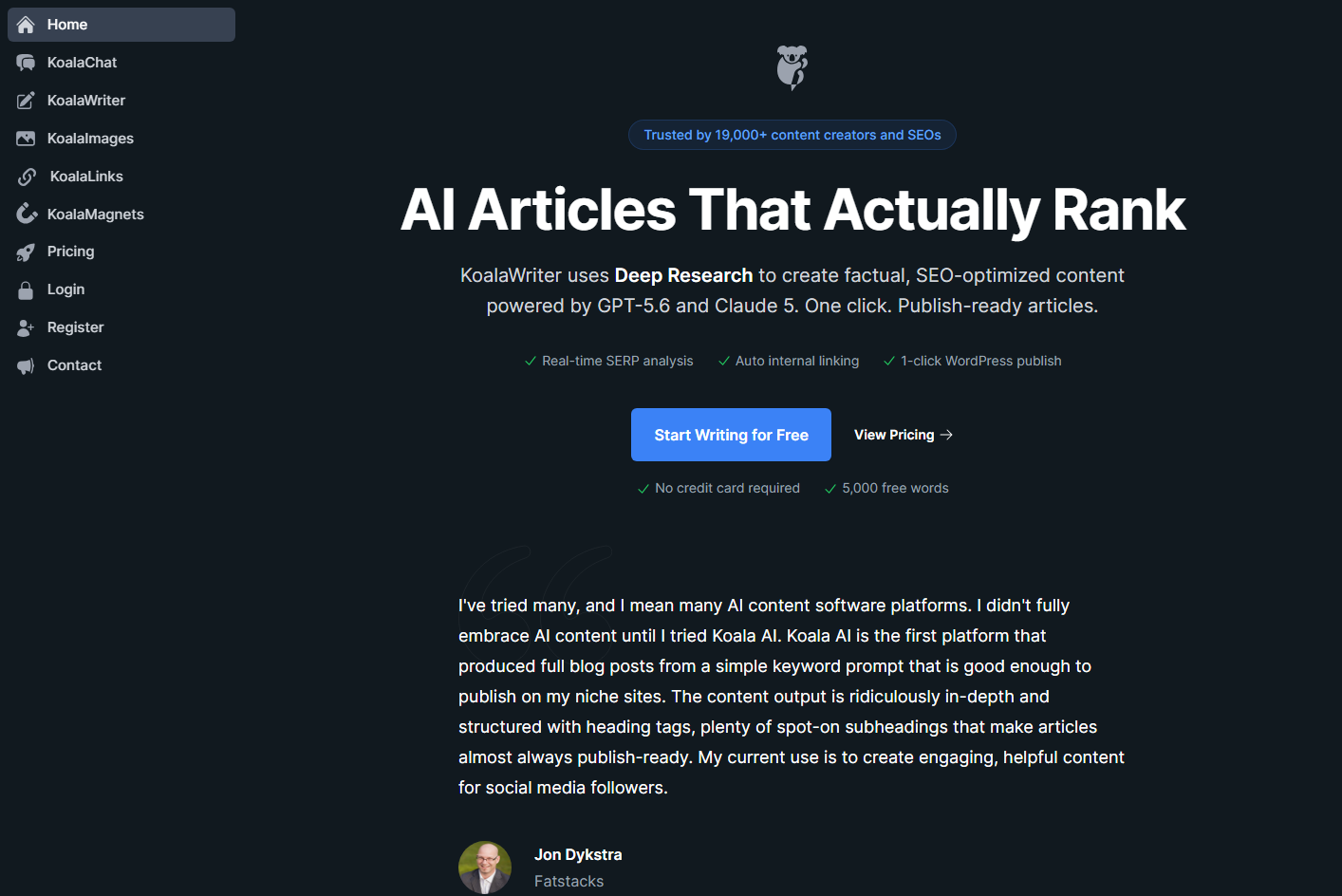 KoalaWriter SEO article generator homepage