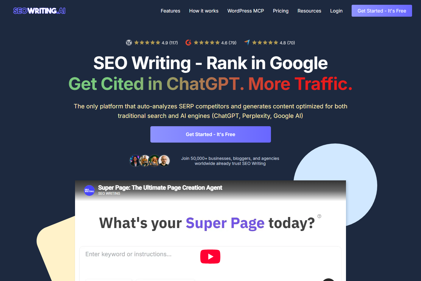 SEOWriting.ai one-click SEO article generator homepage