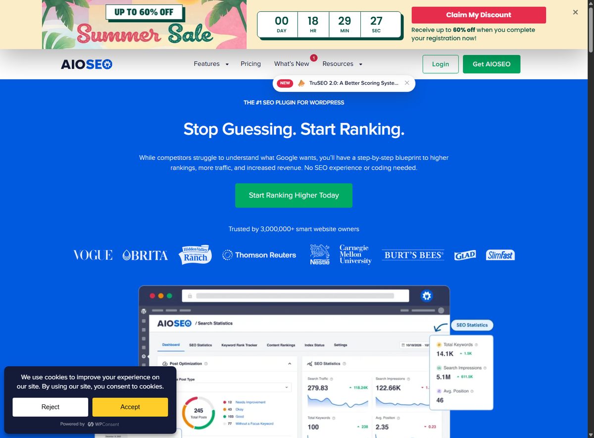 AIOSEO homepage hero showing the all-in-one WordPress SEO toolkit