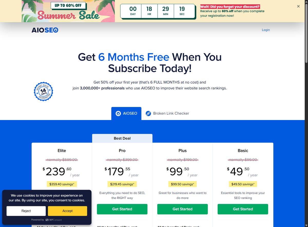 AIOSEO pricing page with four annual plans and first-year discount