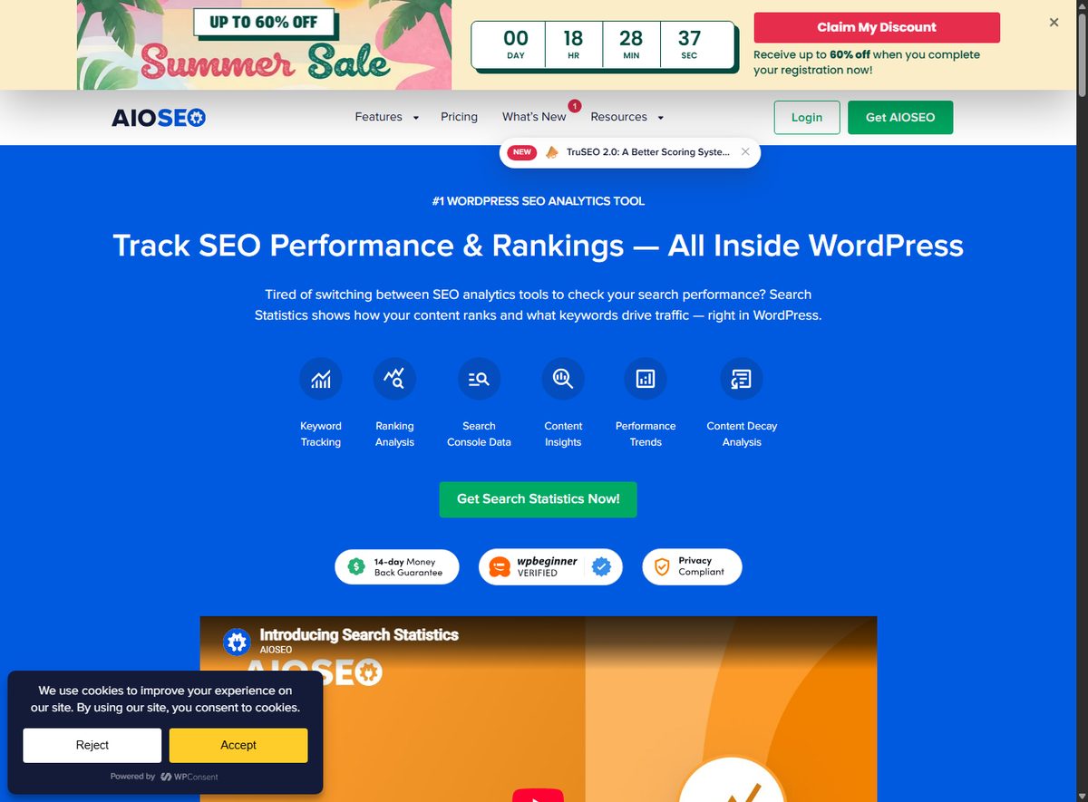 Search Statistics shows GSC analytics and keyword tracking