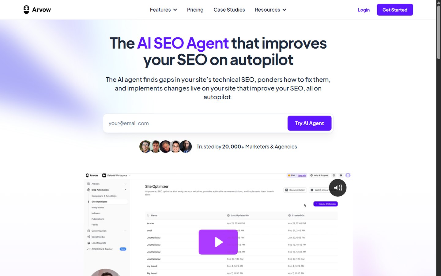 Arvow AI SEO Agent page describing automated technical SEO fixes