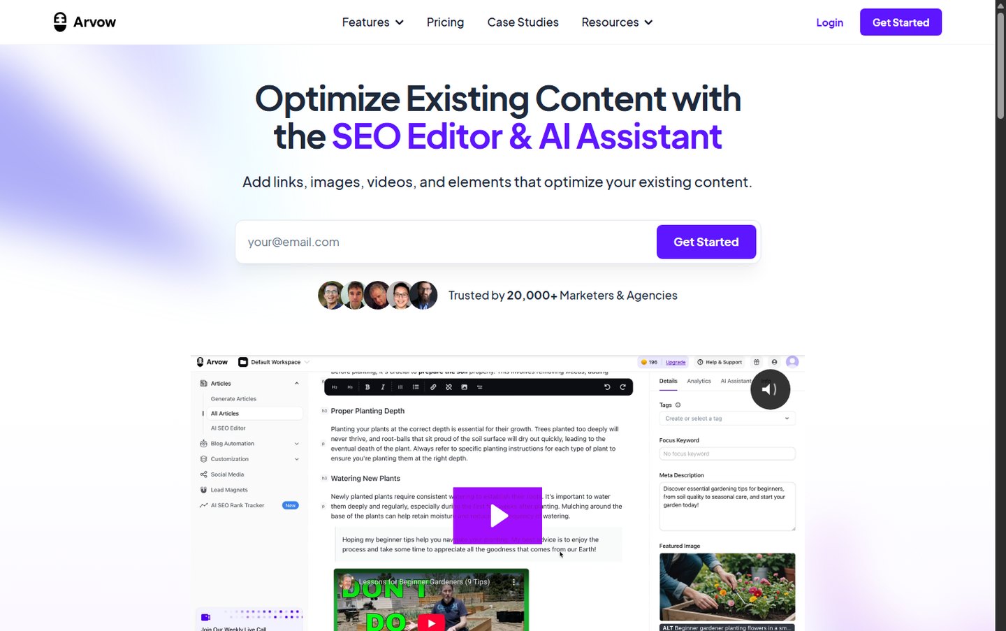 Arvow AI SEO Editor page for rewriting and optimizing existing content