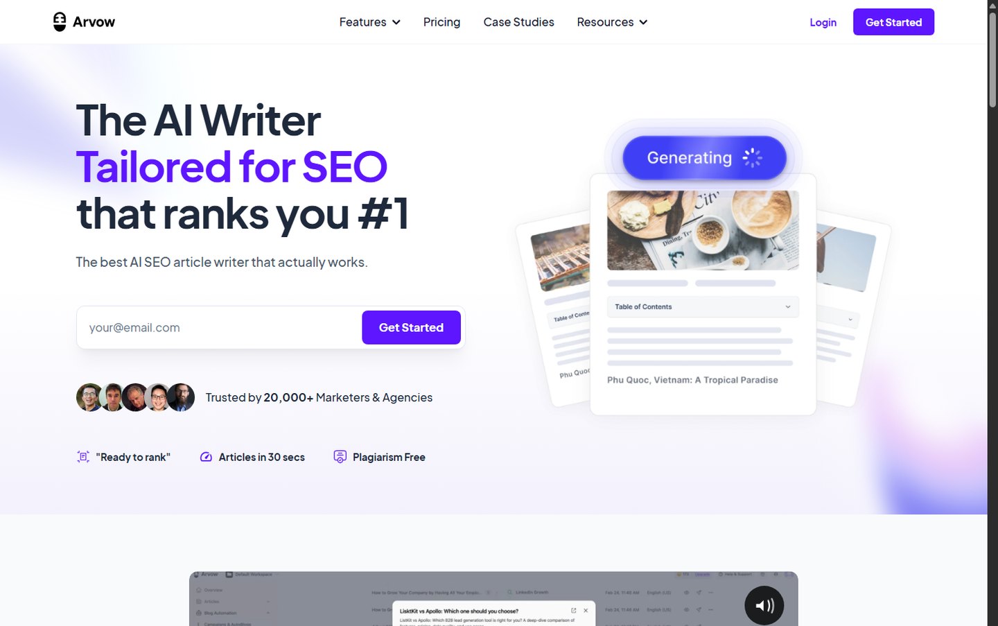 Arvow AI SEO Writer page promising rank-ready articles in 30 seconds