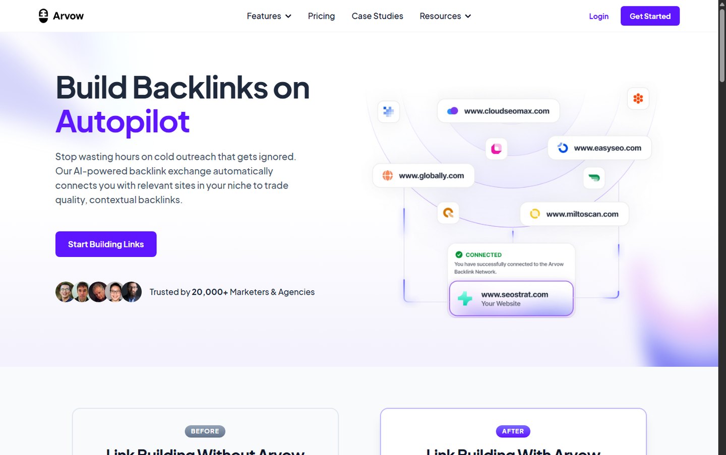 Arvow backlink exchange page describing automated reciprocal link matching