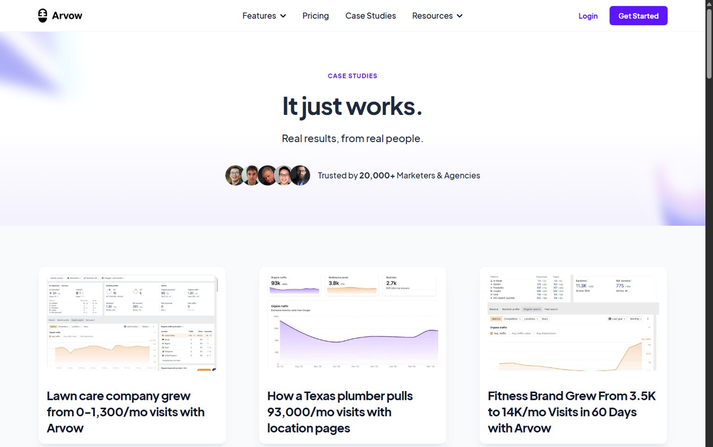 Arvow case studies page showing customer traffic growth stories