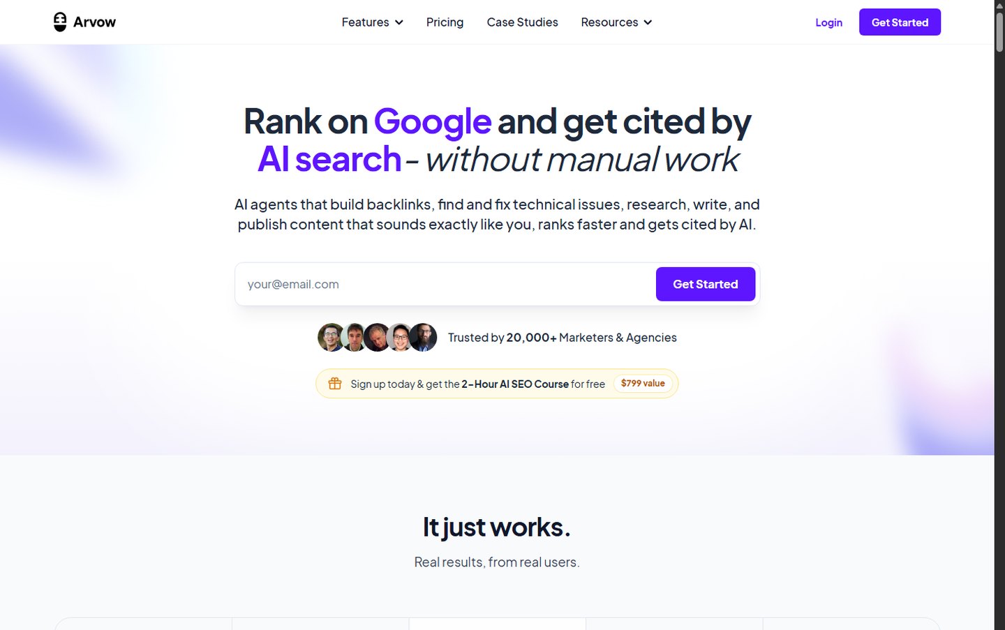 Arvow homepage positioning as AI SEO automation for Google and AI search