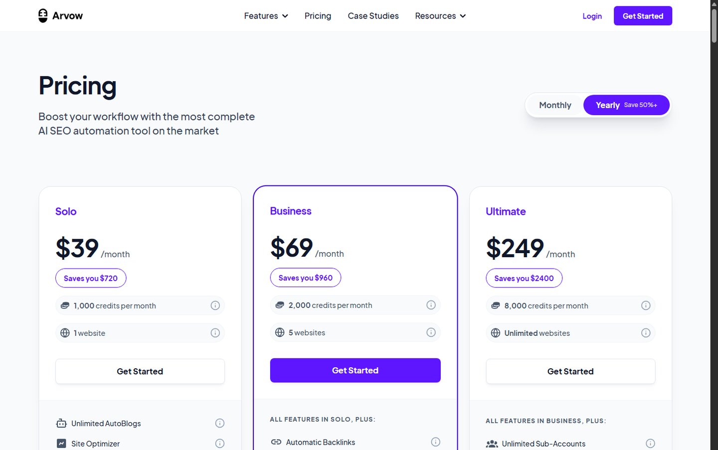 Arvow pricing page with Solo, Business, and Ultimate plans