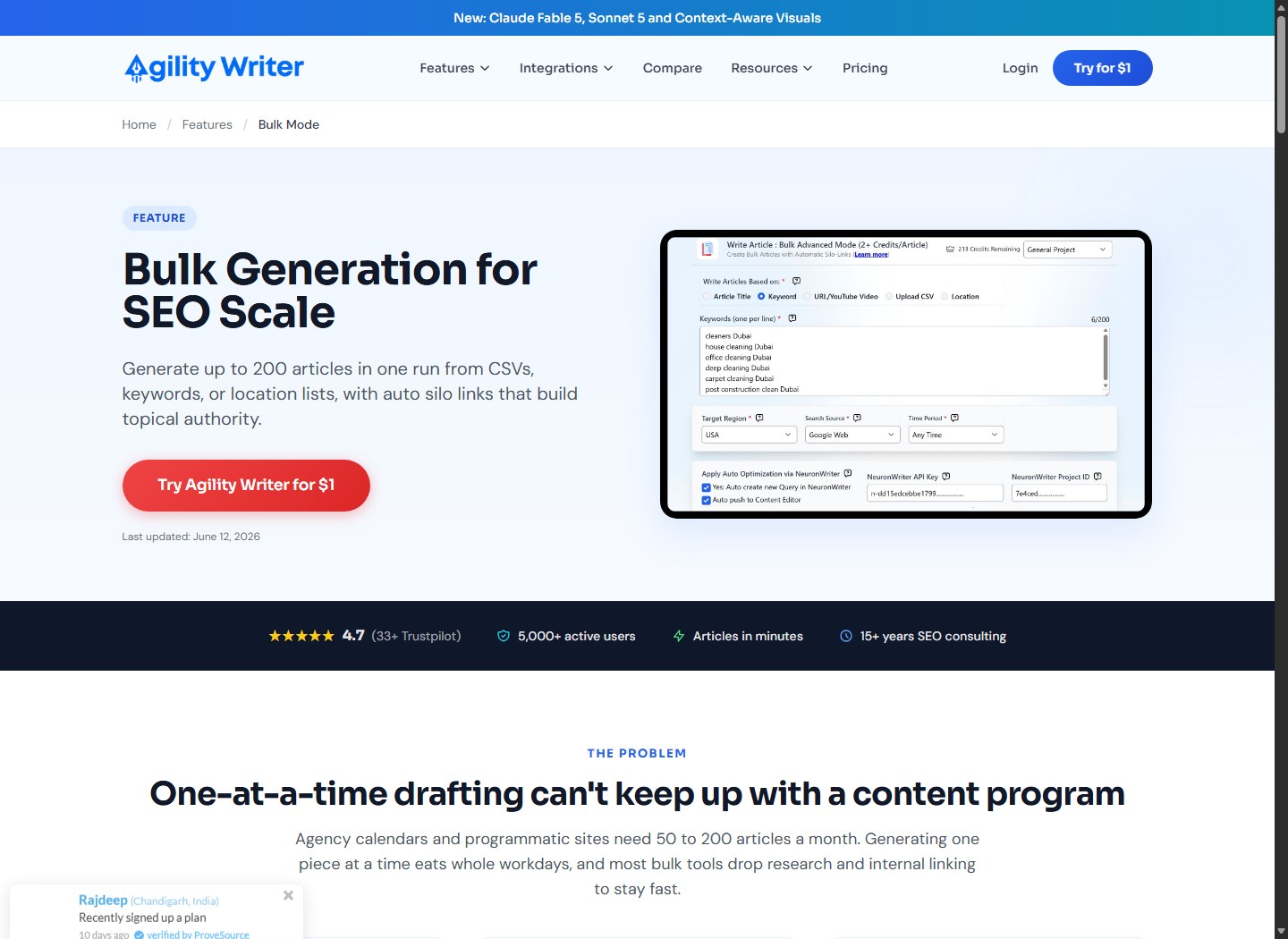 Agility Writer Bulk Generation supports high-volume article batches