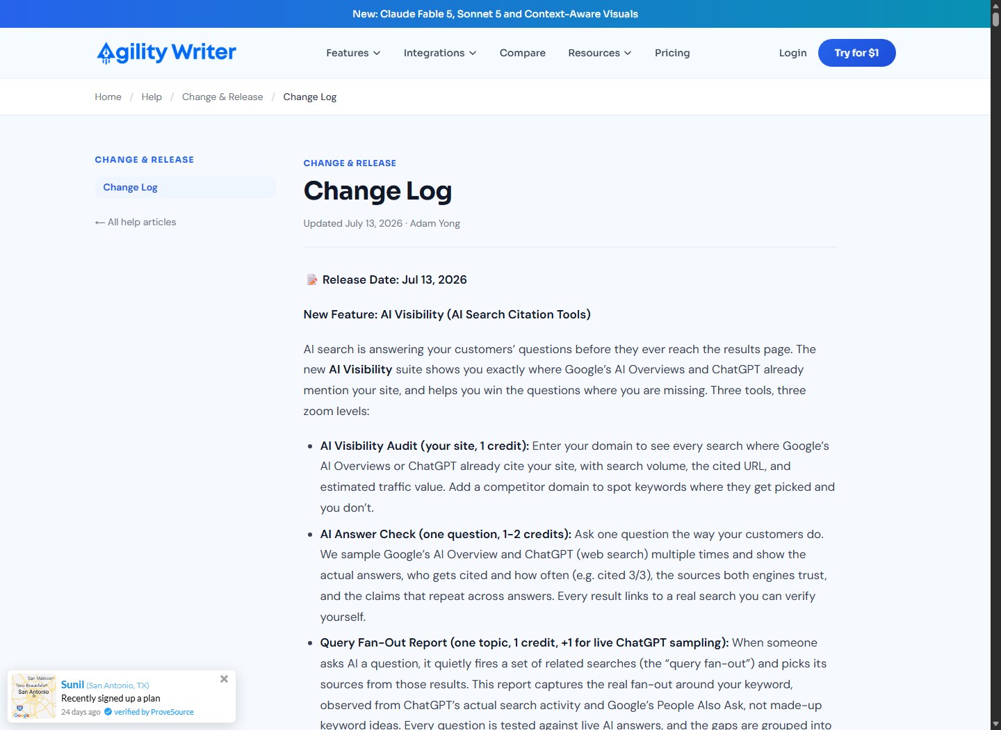 Agility Writer change log documents ongoing automation and workflow updates