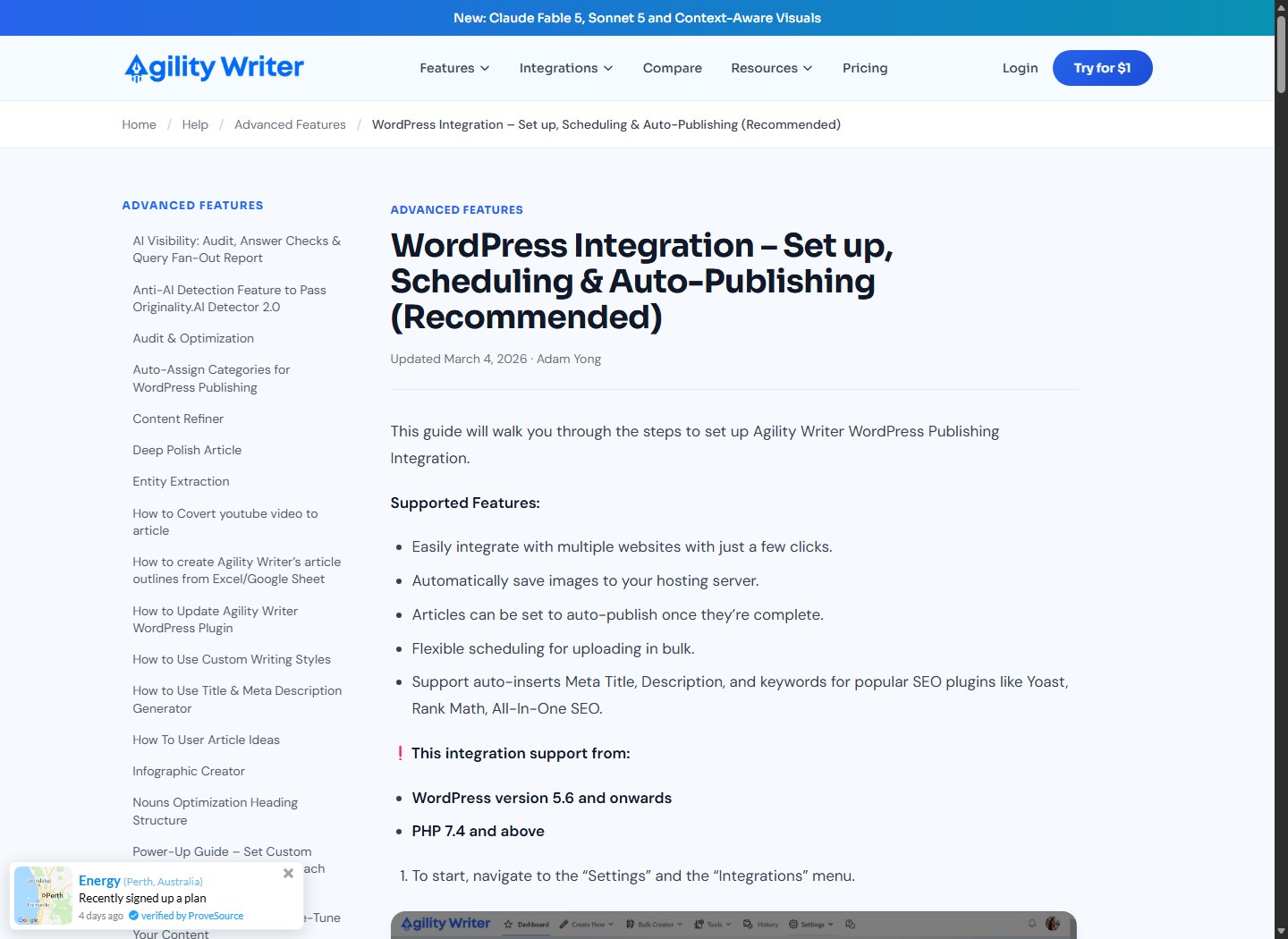 Agility Writer WordPress integration supports staged CMS delivery and scheduling