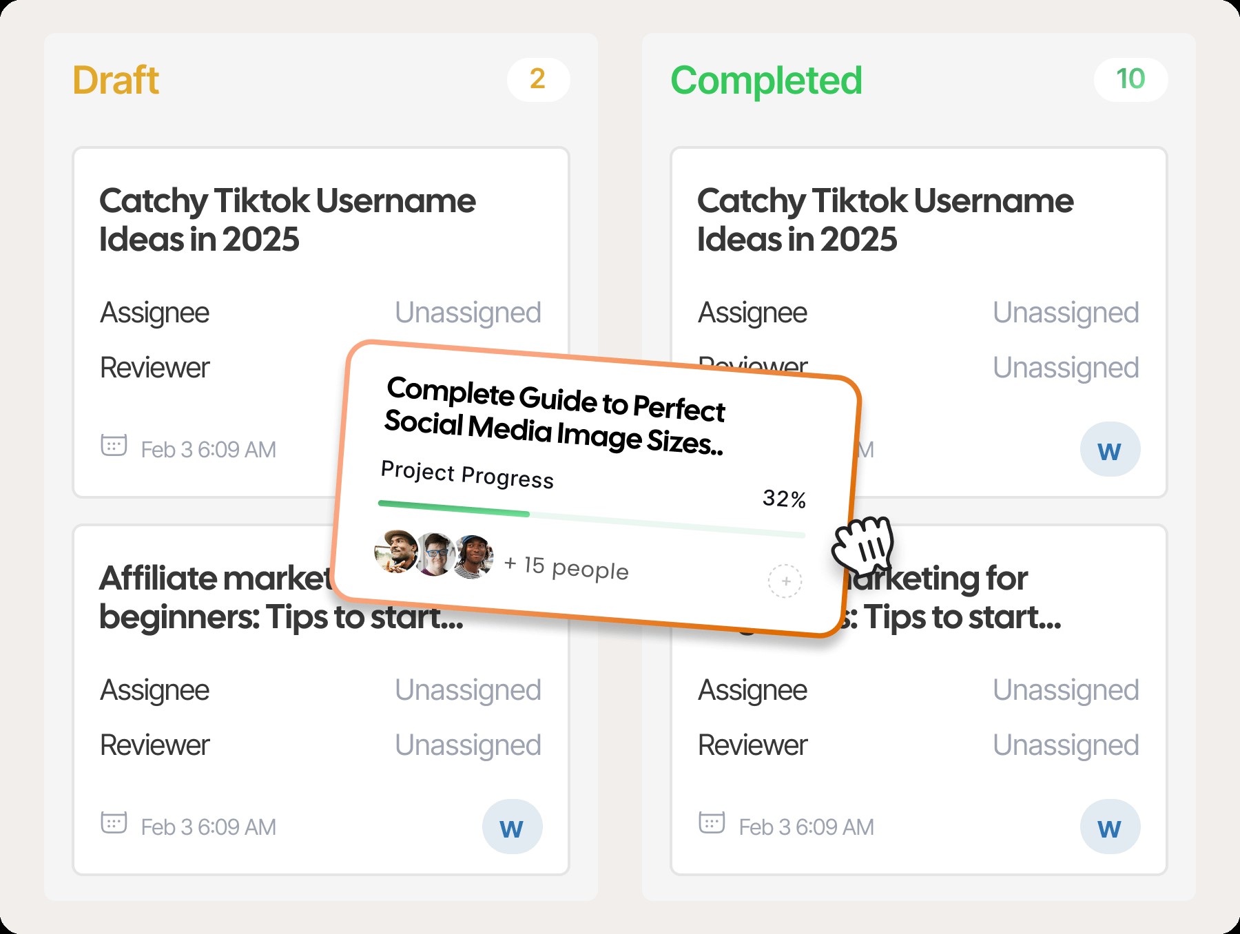 ContentPen Review workflow dashboard with Draft and Completed columns