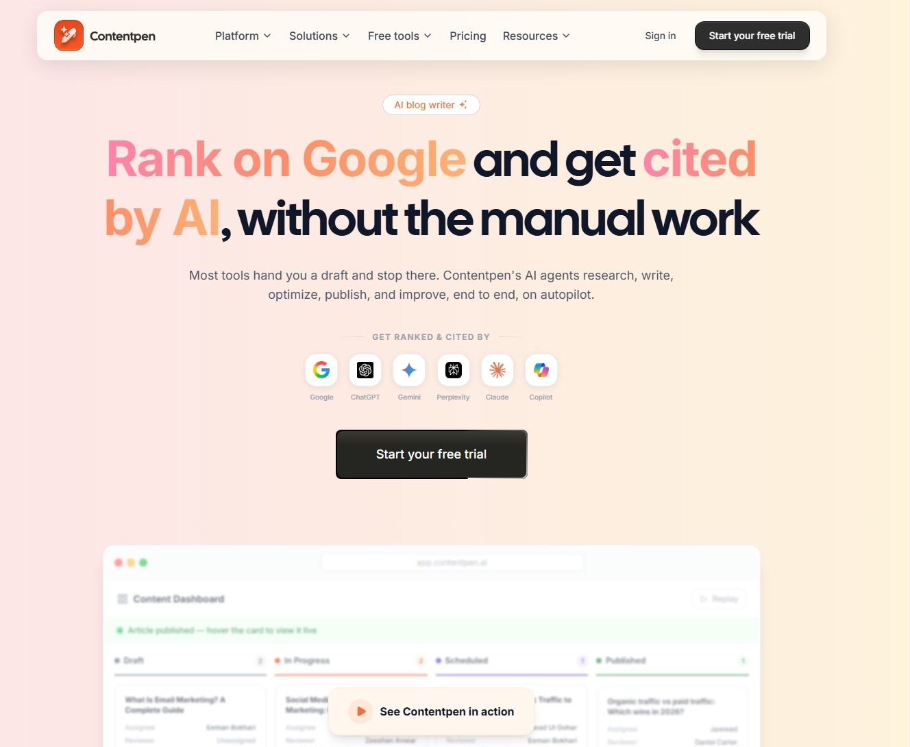 ContentPen Review homepage showing end-to-end SEO and AI citation positioning