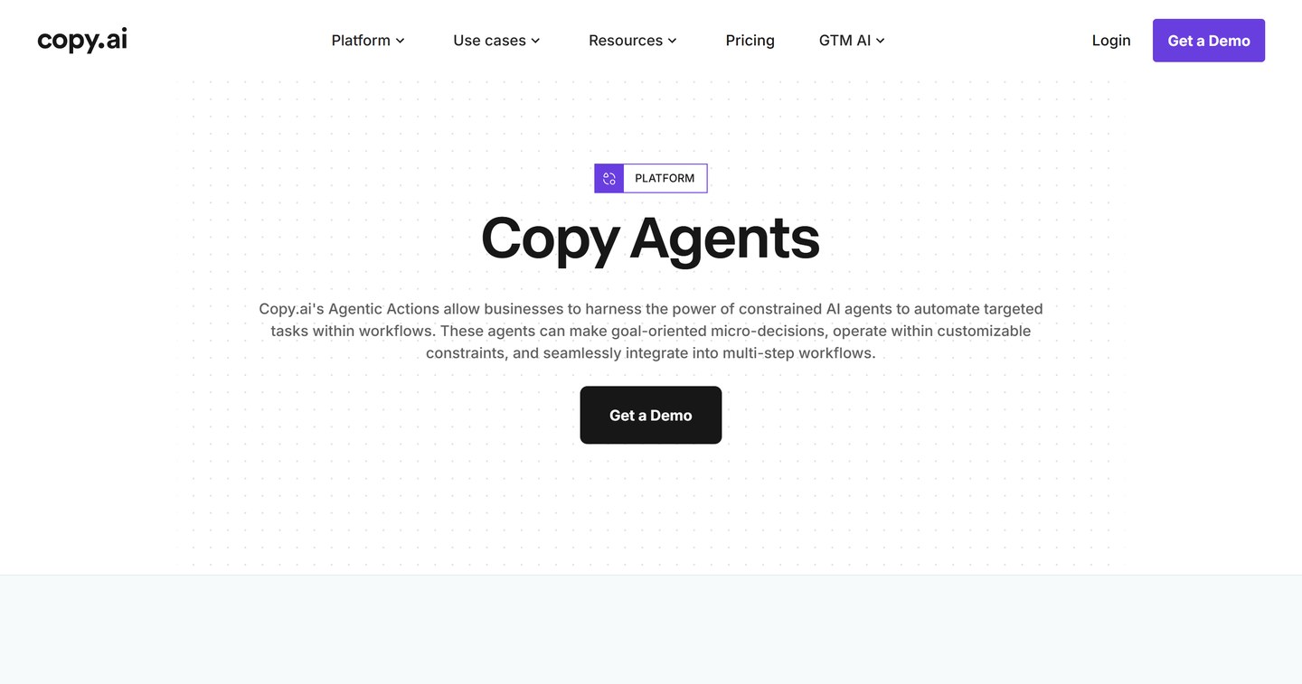 Copy.ai agents page describing constrained agentic actions with guardrails