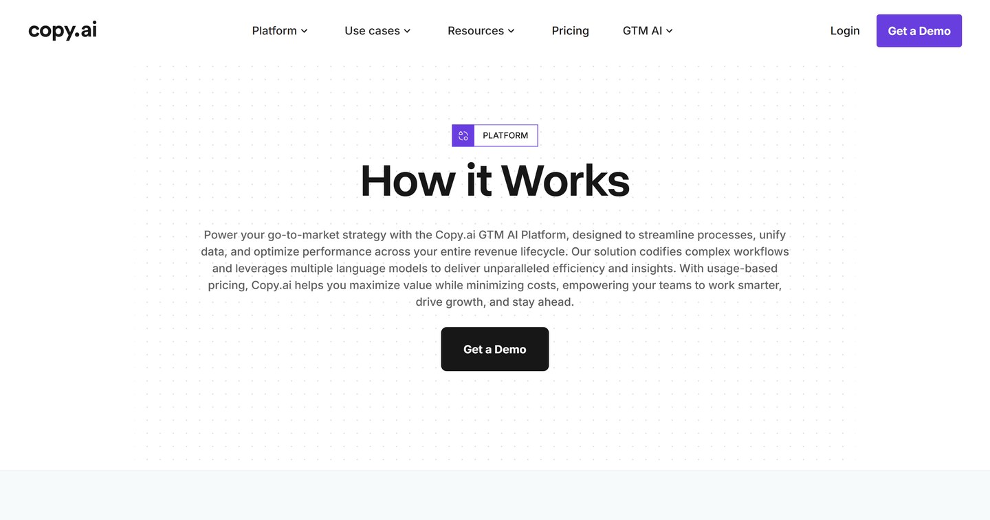 Copy.ai how-it-works page describing GTM workflow automation and usage-based pricing