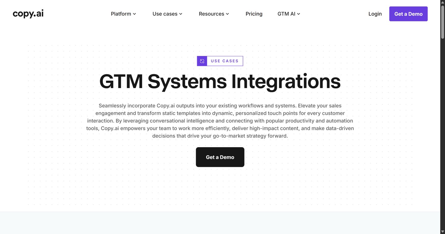 Copy.ai GTM systems integrations use case page showing sequence and CI integration claims