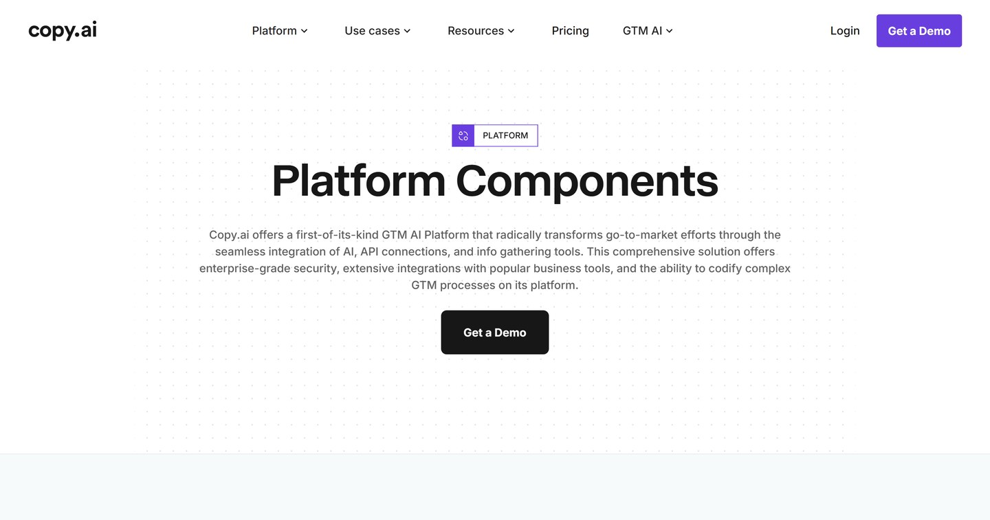 Copy.ai platform components page describing Workflows, data foundations, and security claims