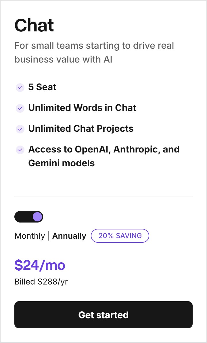 Copy.ai Chat plan pricing card on annual billing at $24 per month billed $288 per year