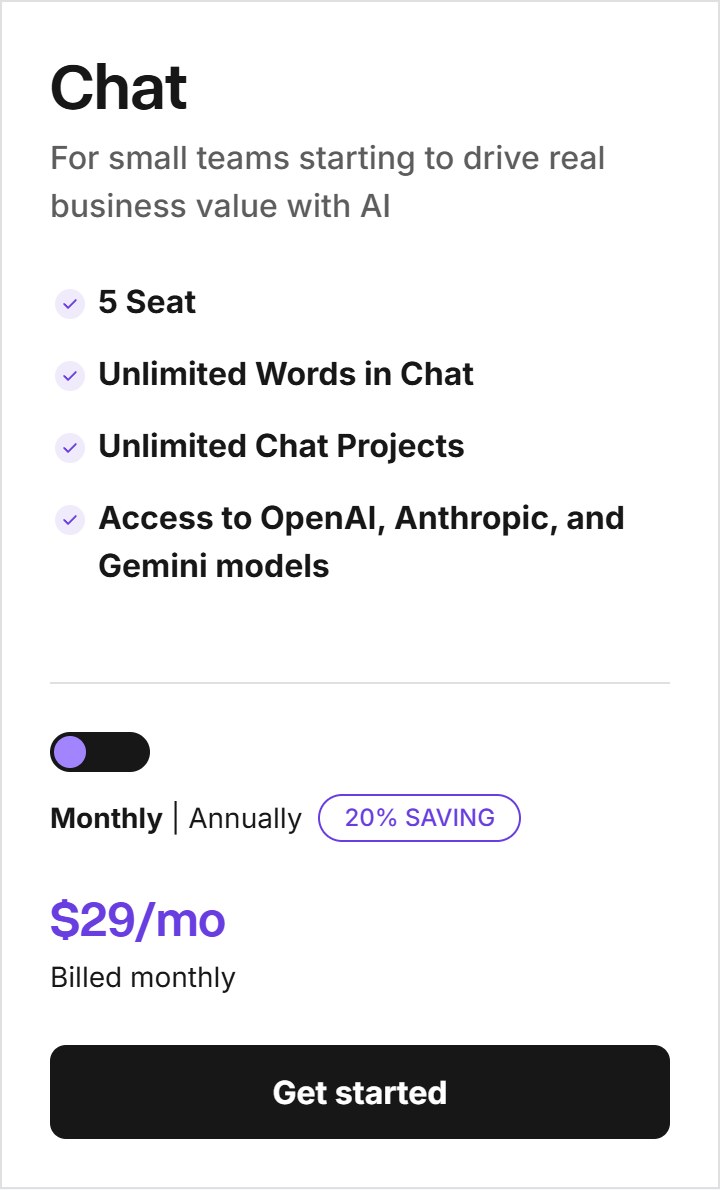 Copy.ai Chat plan pricing card on monthly billing at $29 per month