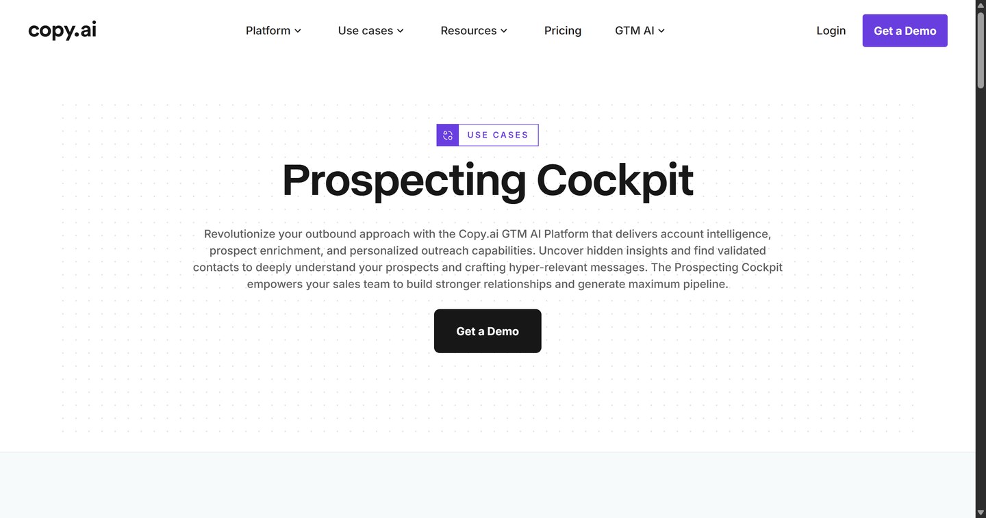 Copy.ai Prospecting Cockpit use case page for account research and outreach