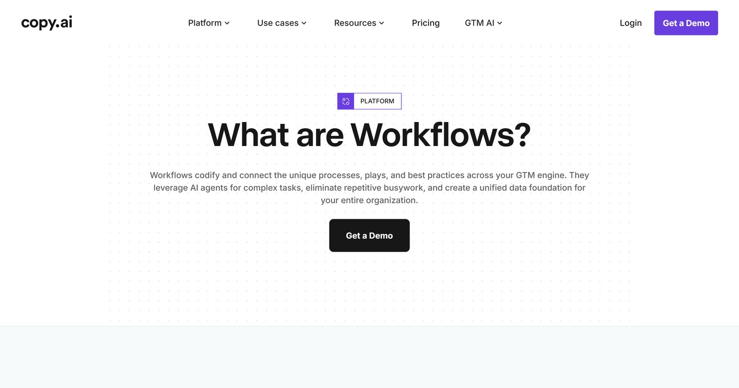 Copy.ai workflows page explaining codified GTM processes